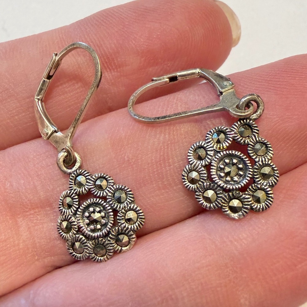 Vintage Sterling Silver Marcasite Earrings Signed Floral Cluster Dangle 925